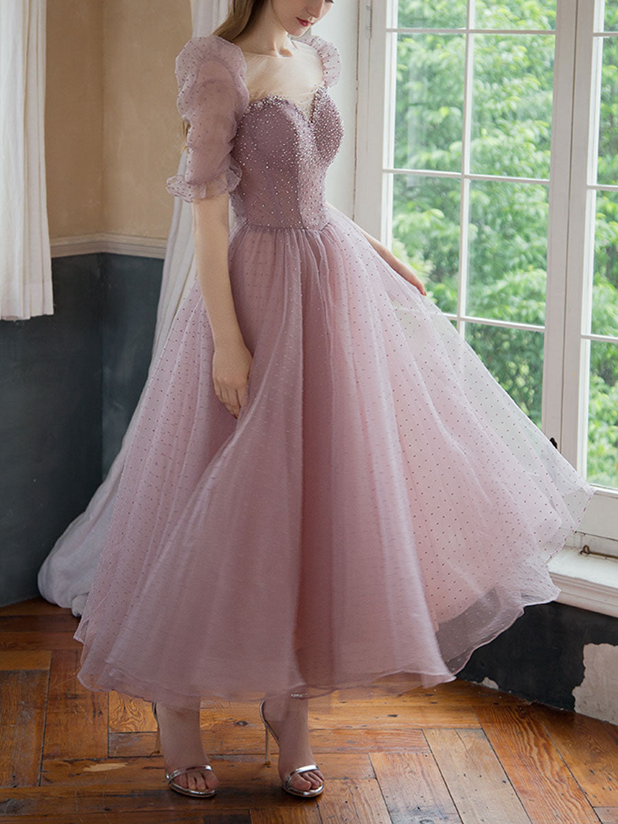 Sweetheart Tulle Beads Tea Length Pink Prom Dress, Tulle Homecoming Dress