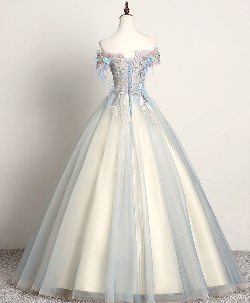 Gray Blue Sweetheart Lace Long Prom Dress, Gray Blue Tulle Evening Dress