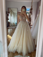 Champagne A -line Tulle Lace Long Prom Dress, Lace Formal Evening Dress