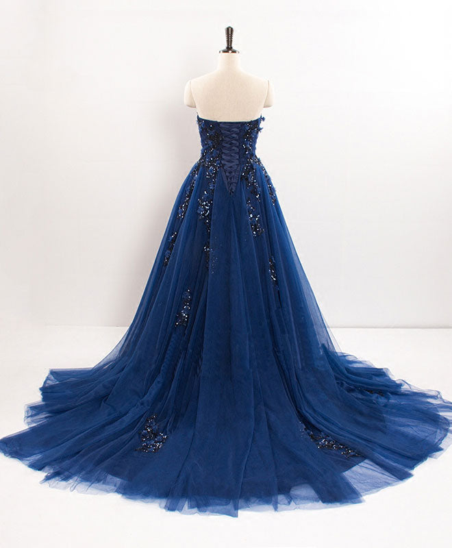Dark Blue Sweetheart Tulle Lace Long Prom Dress Blue Tulle Evening Dress