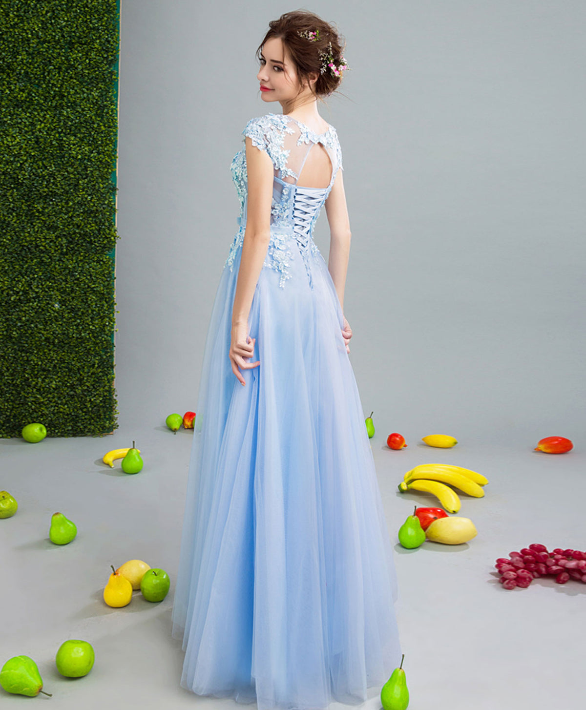 Sky Blue Lace Tulle Long Prom Dress, Lace Evening Dress