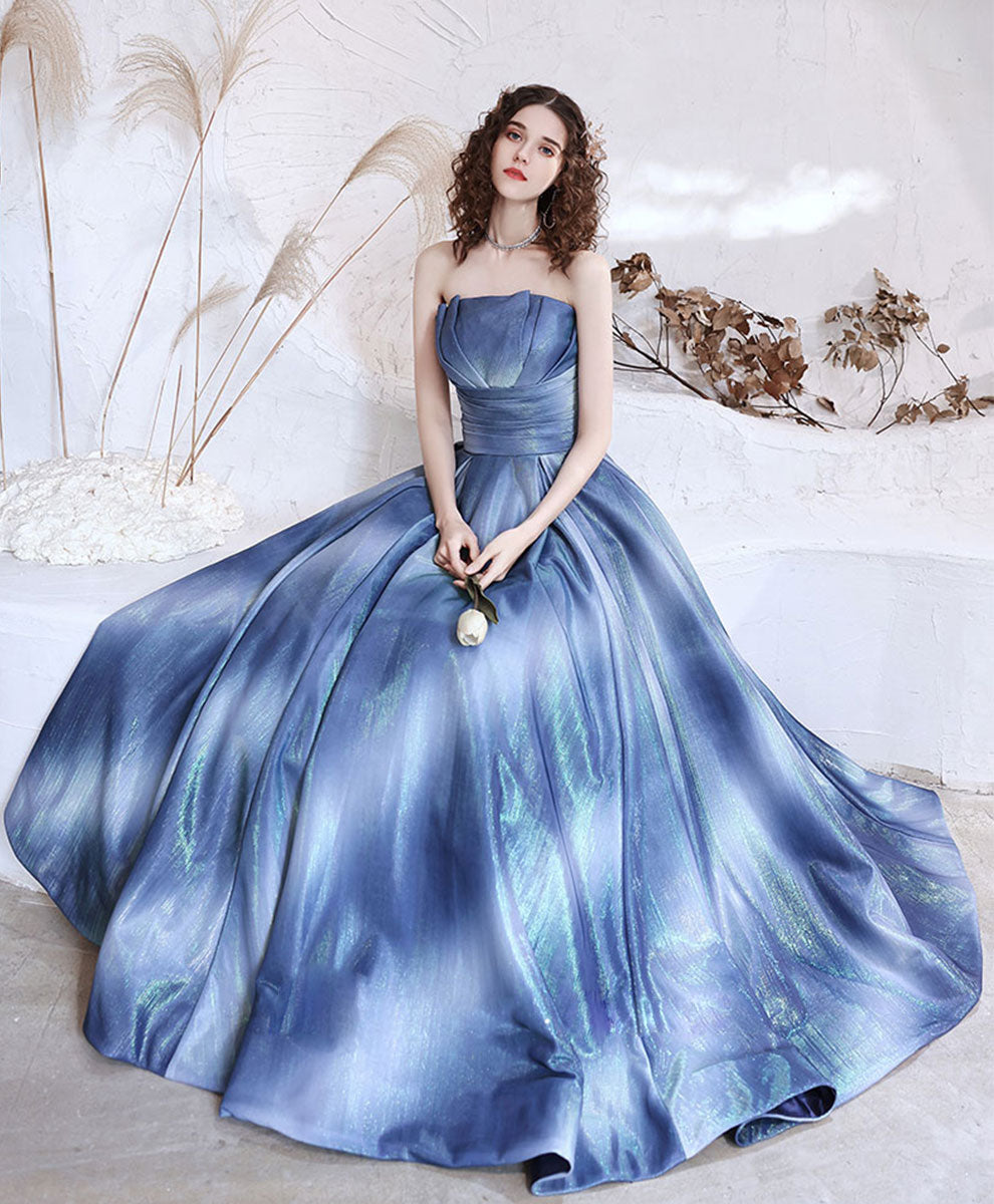 Royal Blue Satin Strapless Puffy Evening Dresses Prom Gowns