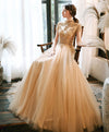 Champagne Tulle Beads Long Prom Dress Champagne Tulle Formal Dress