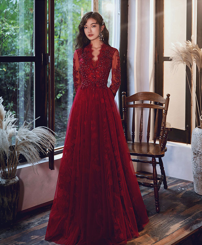 Burgundy V Neck Tulle Lace Long Prom Dress Burgundy Lace Evening Dress