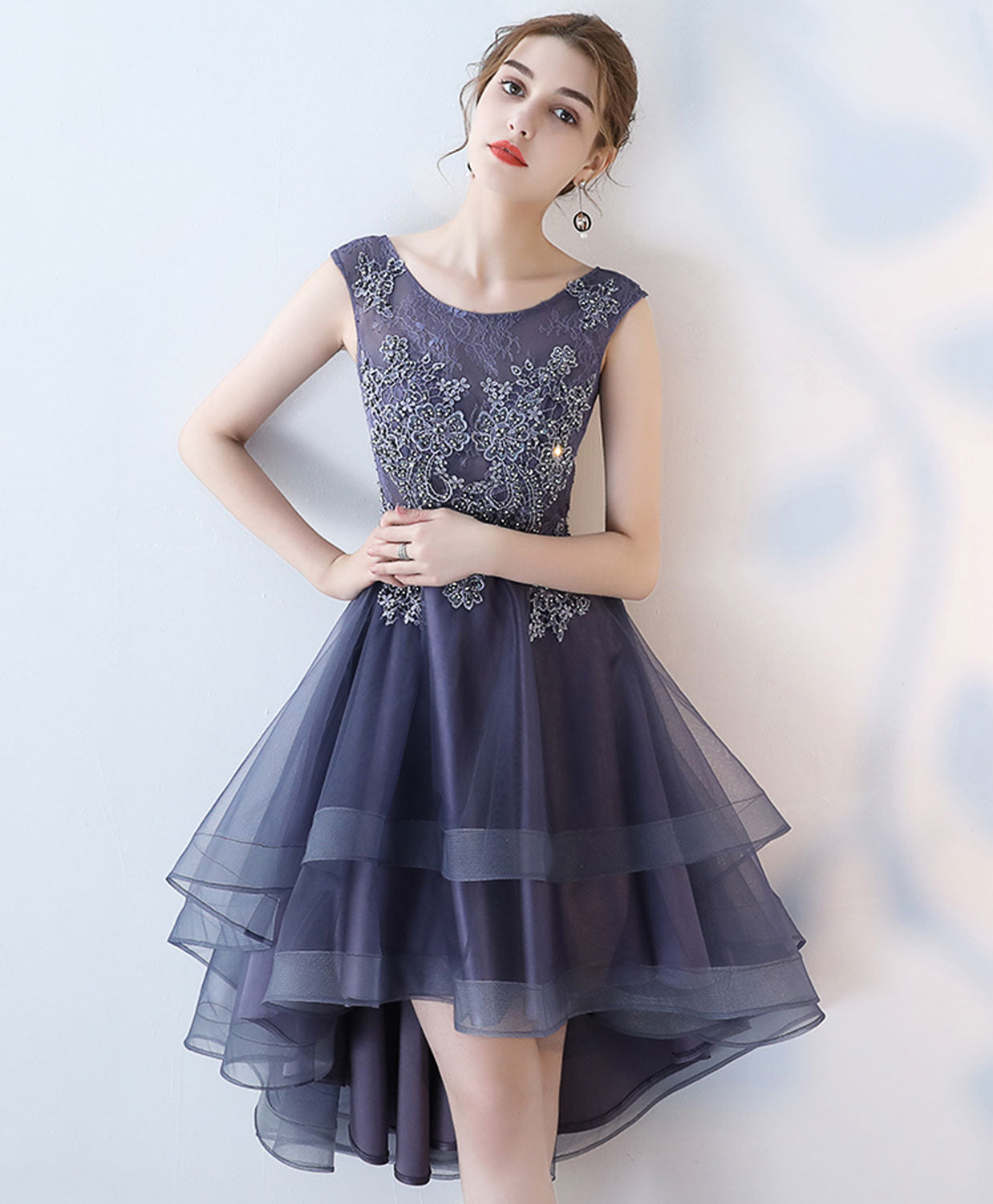 Purple Round Neck lace Tulle High Low Prom Dress, Homecoming Dress US 16 / Purple(As Picture) Purple Round Neck lace Tulle High Low Prom Dress, Homecoming Dress US 16 / Purple(As Picture)