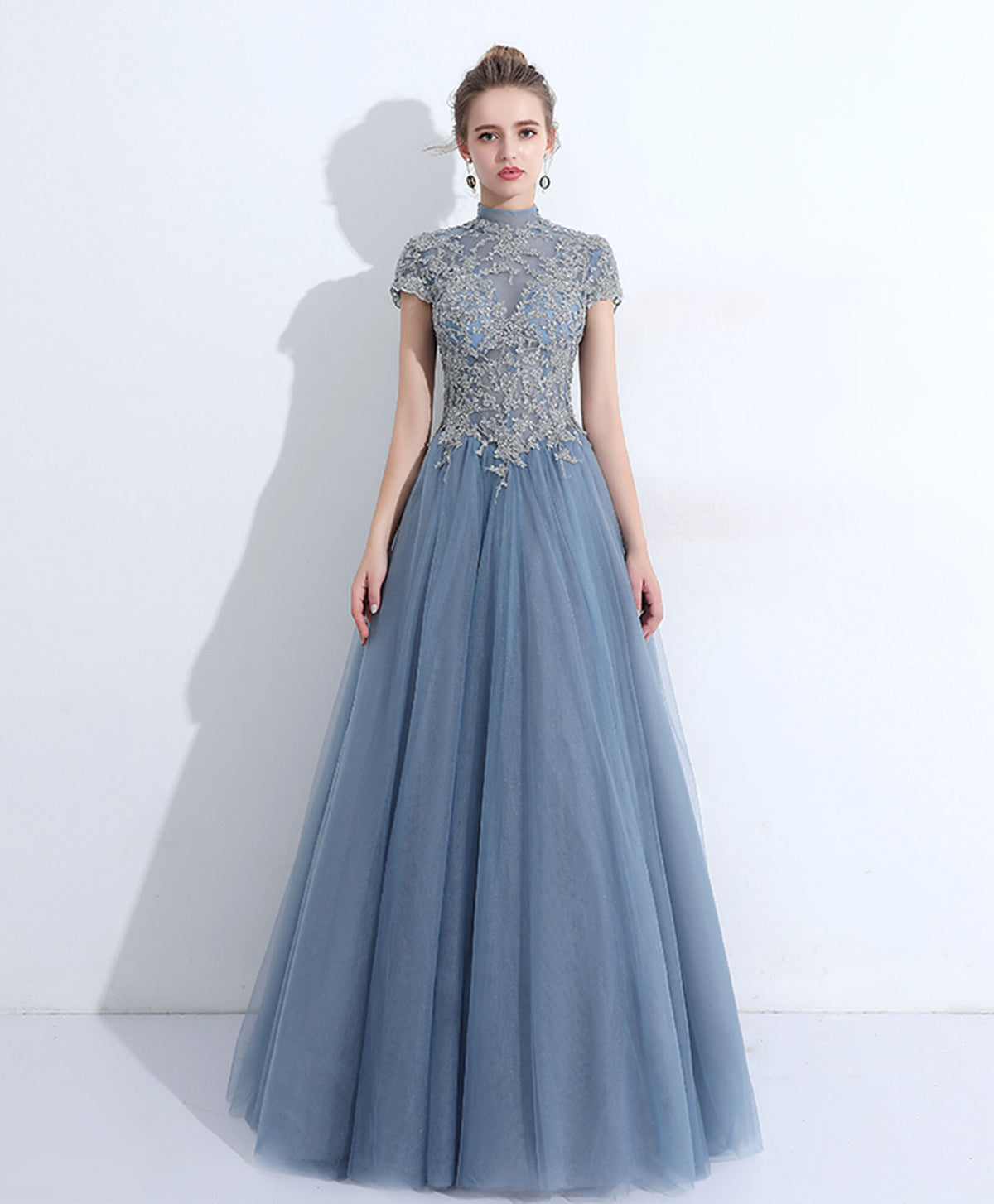 Gray Blue Round Neck Tulle Lace Long Prom Dress, Gray Blue Evening Dress