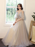 Gray V Neck Tulle Lace Long Prom Dress, A line Evening Dress