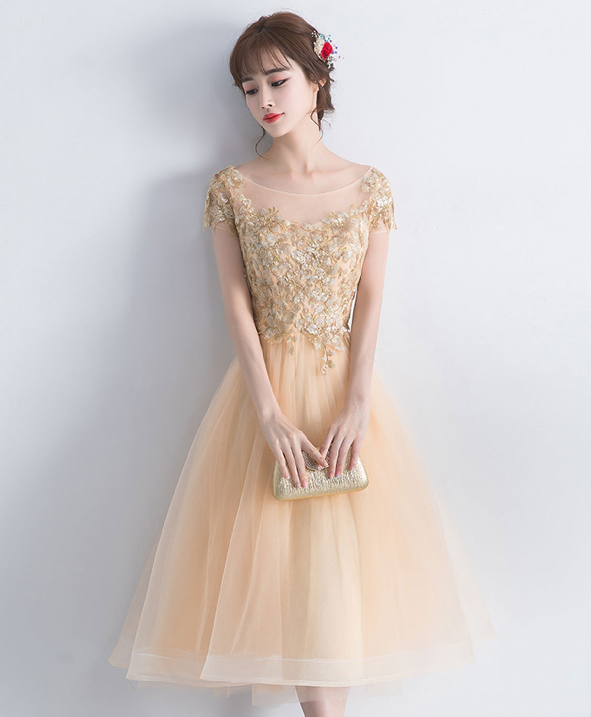 Champagne Lace Short Prom Dress, Champagne Cute Homecoming Dress