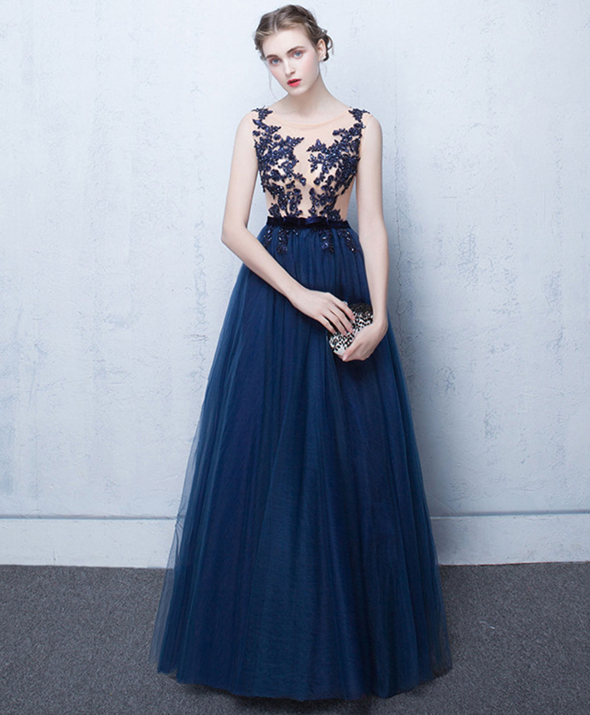 Elegant Dark Blue Tulle Lace Long Prom Dress, Blue Evening Dress