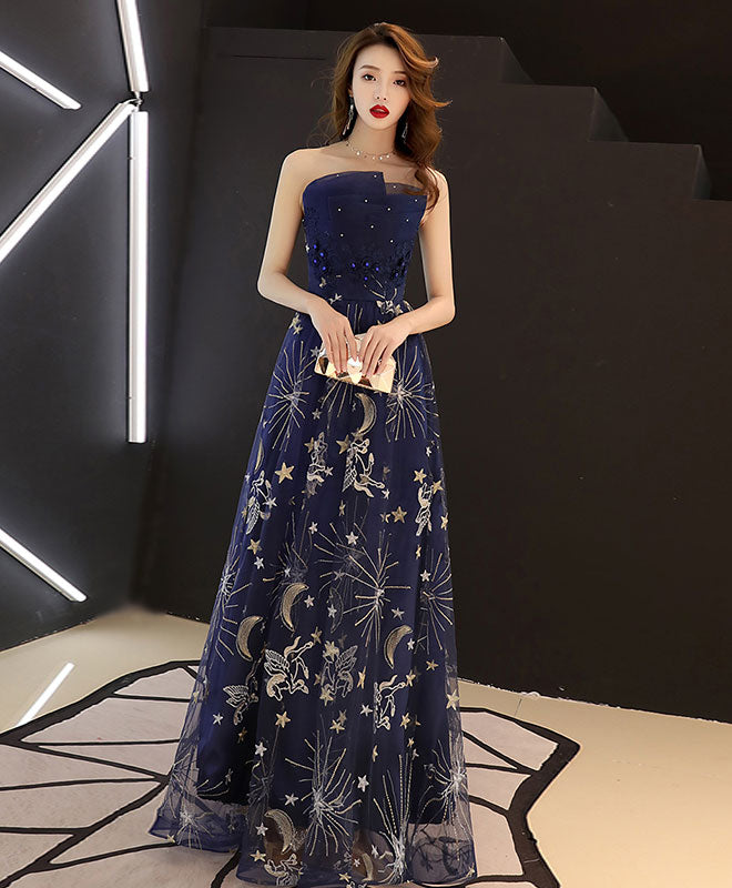 Dark Blue Tulle Lace Long Prom Dress, Blue Evening Dress