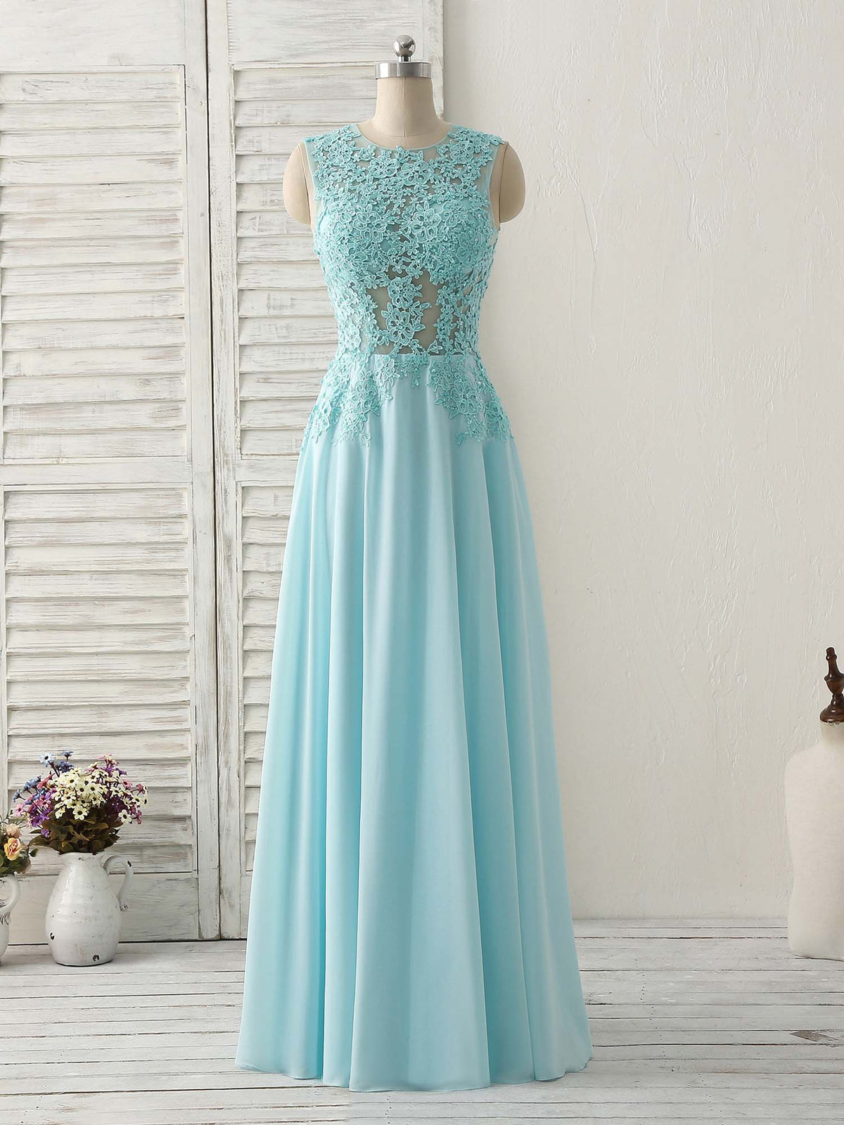 Blue Round Neck Lace Chiffon Long Prom Dress, Blue Long Formal Dresses