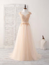 Champagne Round Neck Tulle Lace Applique Long Prom Dress