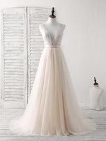 Simple Champagne Tulle Long Prom Dress Tulle Evening Dress