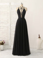 Black Tulle Backless Long Prom Dress, Black Evening Dress