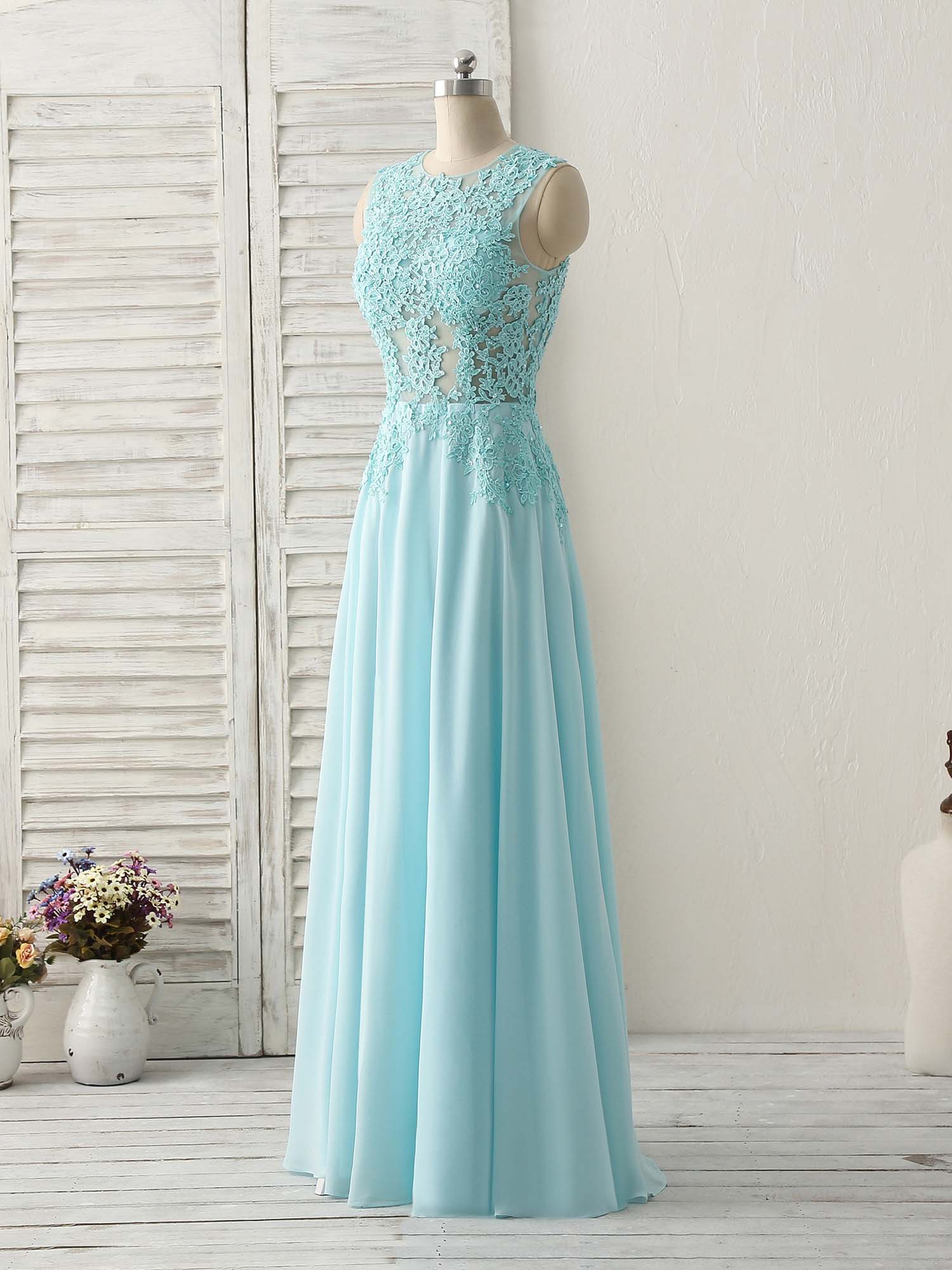 Blue Round Neck Lace Chiffon Long Prom Dress, Blue Long Formal Dresses Custom Size / Custom Color Blue Round Neck Lace Chiffon Long Prom Dress, Blue Long Formal Dresses Custom Size / Custom Color