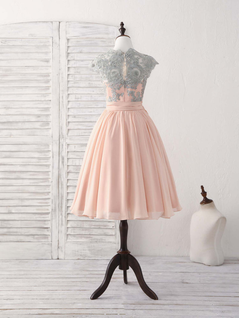 Elegant Lace Applique Short Prom Dress Pink Bridesmaid Dress