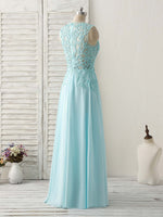 Blue Round Neck Lace Chiffon Long Prom Dress, Blue Long Formal Dresses