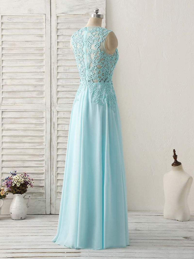 Blue Round Neck Lace Chiffon Long Prom Dress, Blue Long Formal Dresses shopluu Blue Round Neck Lace Chiffon Long Prom Dress, Blue Long Formal Dresses shopluu