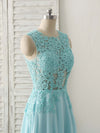 Blue Round Neck Lace Chiffon Long Prom Dress, Blue Long Formal Dresses