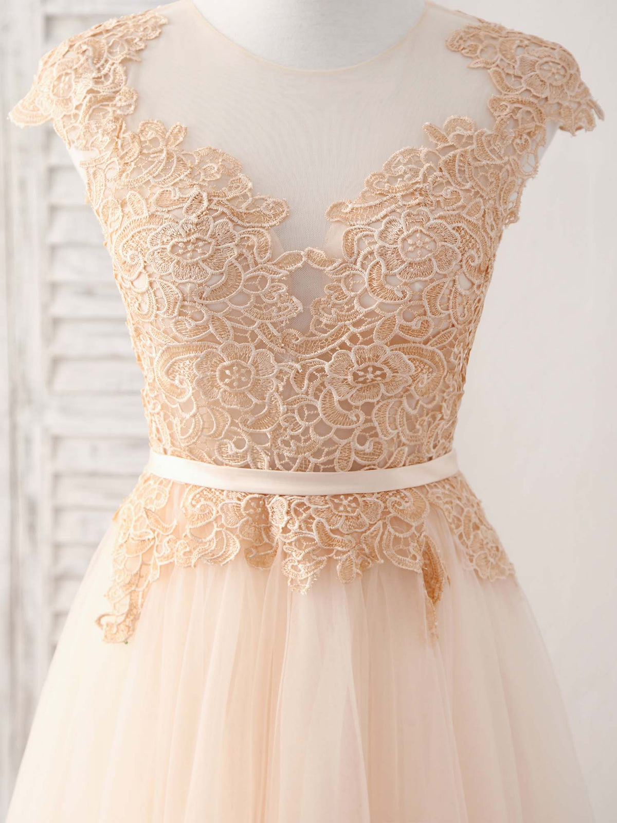 Champagne Round Neck Tulle Lace Applique Long Prom Dress