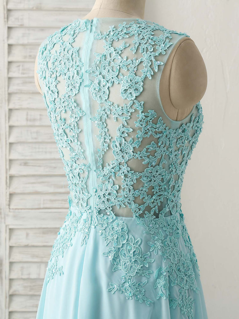 Blue Round Neck Lace Chiffon Long Prom Dress, Blue Long Formal Dresses shopluu Blue Round Neck Lace Chiffon Long Prom Dress, Blue Long Formal Dresses shopluu