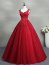 Burgundy A-Line Tulle Lace Long Prom Dress