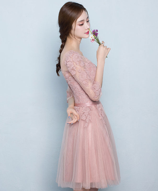 Pink Tulle Lace Short Prom Dress, Pink Tulle Bridesmaid Dress