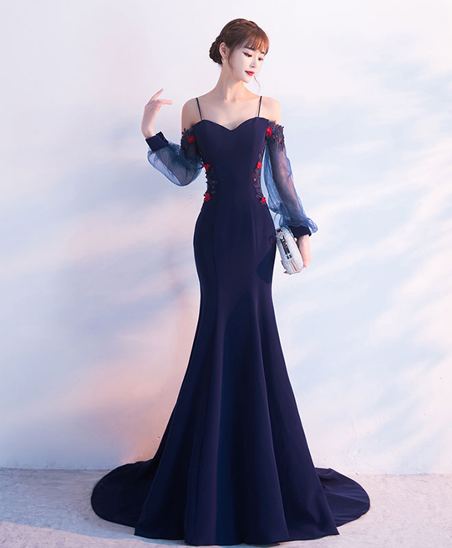 Dark Blue Lace Mermaid Long Prom Dress Blue Evening Dress – shopluu