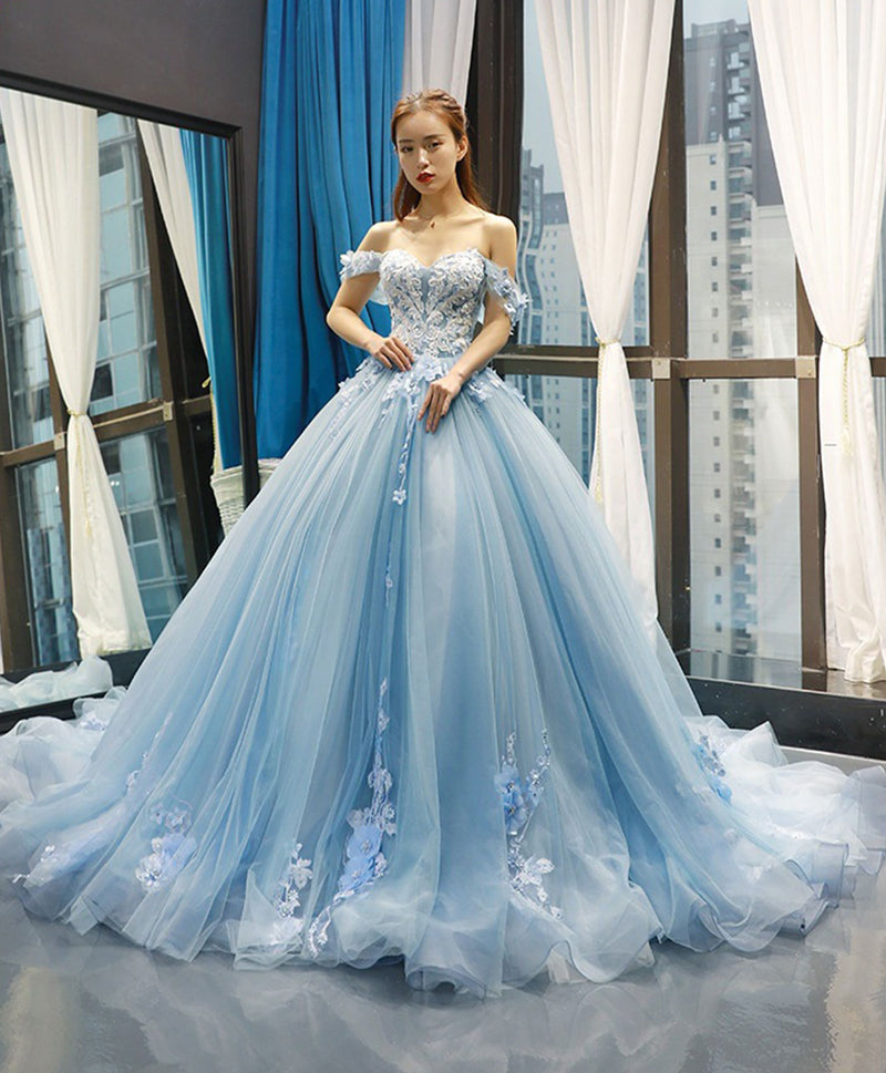 Blue Off Shoulder Tulle Lace Long Prom Dress, Blue Formal Ball Gown Ev shopluu Blue Off Shoulder Tulle Lace Long Prom Dress, Blue Formal Ball Gown Ev shopluu