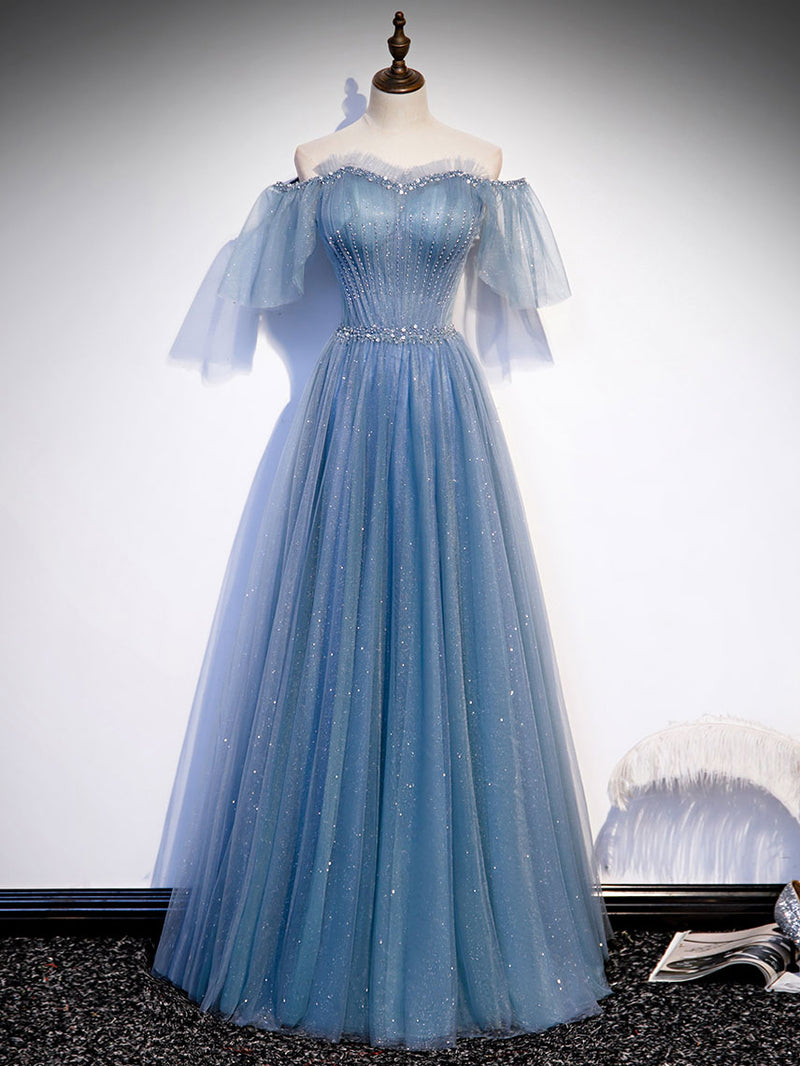 Blue Sweetheart Tulle Sequin Long Prom Dress Blue Formal Dress