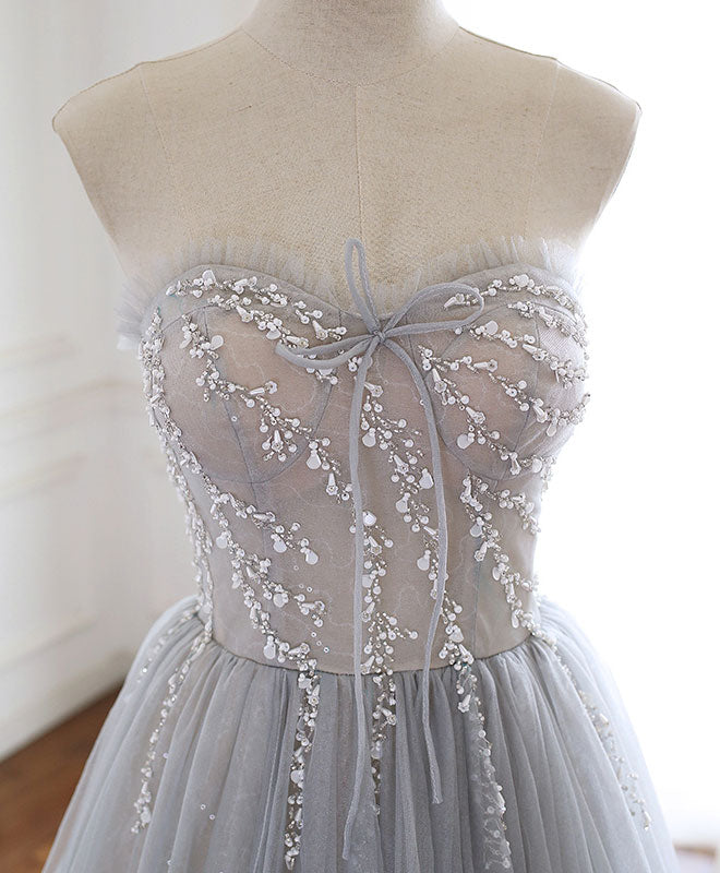 Gray Sweetheart Tulle Beads Long Prom Dress Gray Tulle Formal Dress
