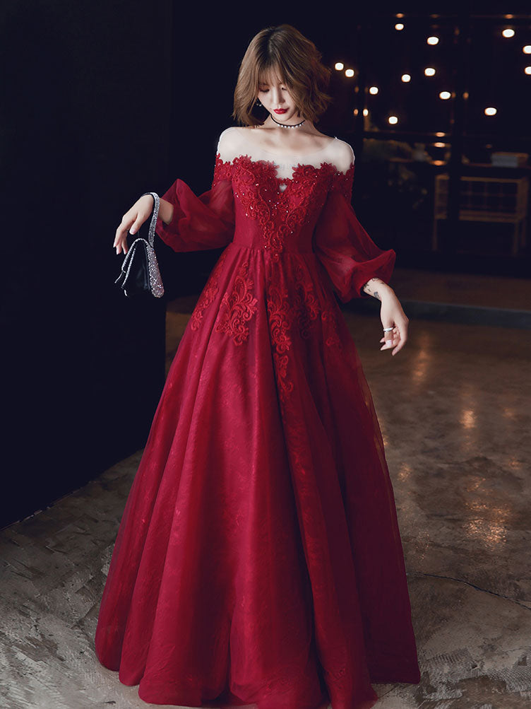 Red A line Tulle Lace Long Prom Dress, Tulle Lace Evening Dress US 6 / Custom Color
