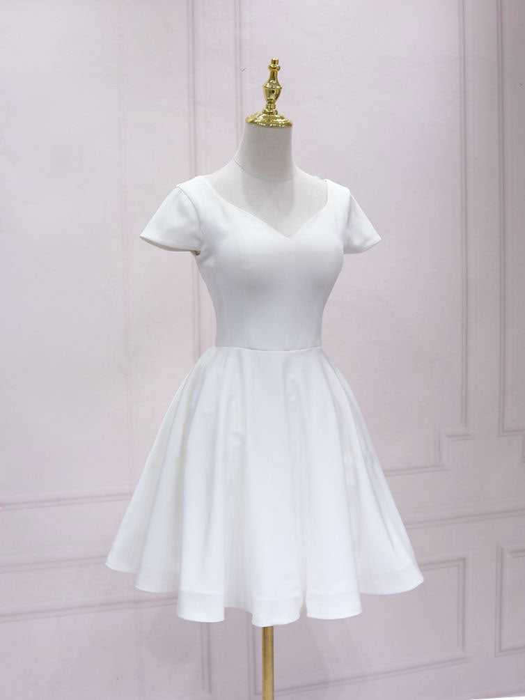 Simple White V Neck Lace Short Prom Dress, White Bridesmaid Dress – shopluu
