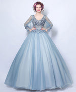 Blue V Neck Tulle Lace Long Prom Dress, Blue Lace Evening Dress