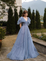 Gray Blue V Neck Tulle Sequin Long Prom Dress, Blue Formal Graduation Dresses