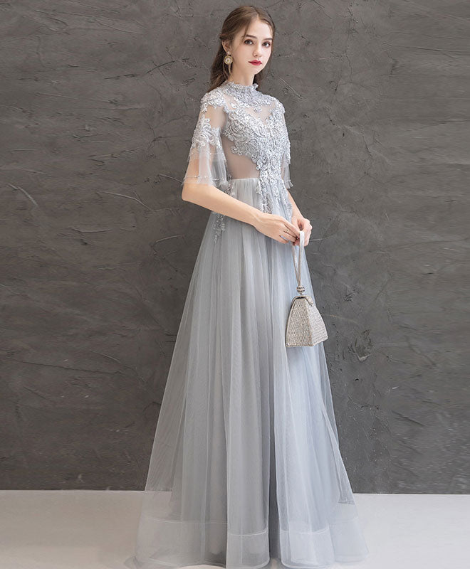 Gray Lace Tulle Long Prom Dress Gray Tulle Lace Formal Dress