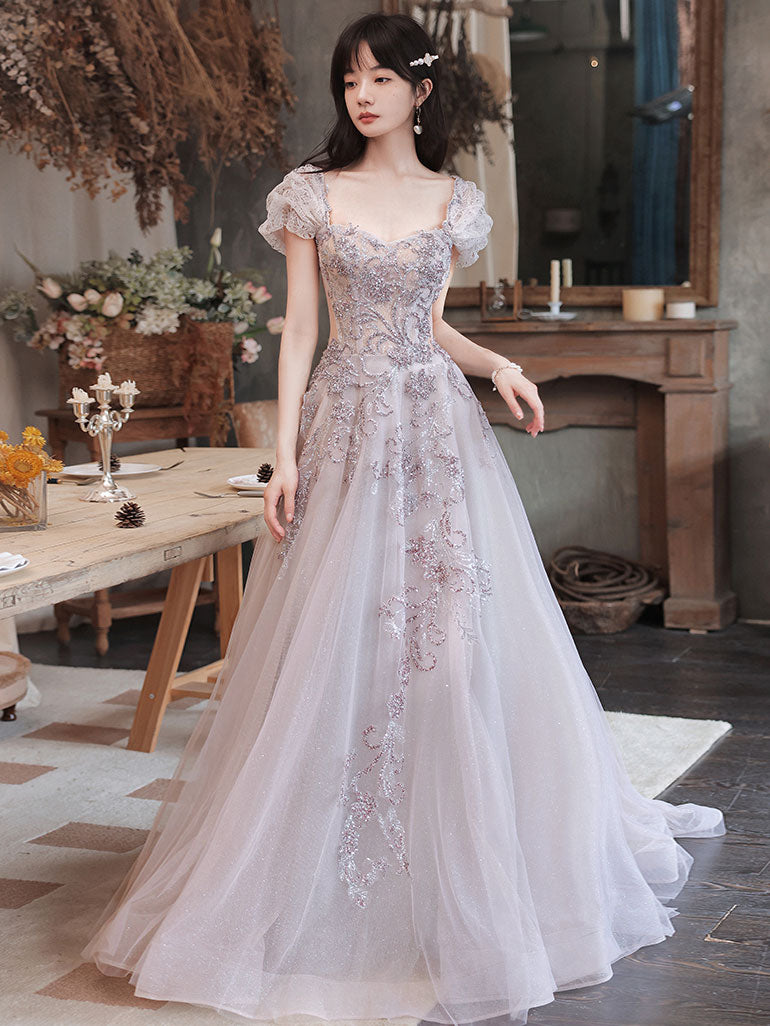 Elegant Tulle Sequin Beads Long Prom Dress Tulle Formal Dress