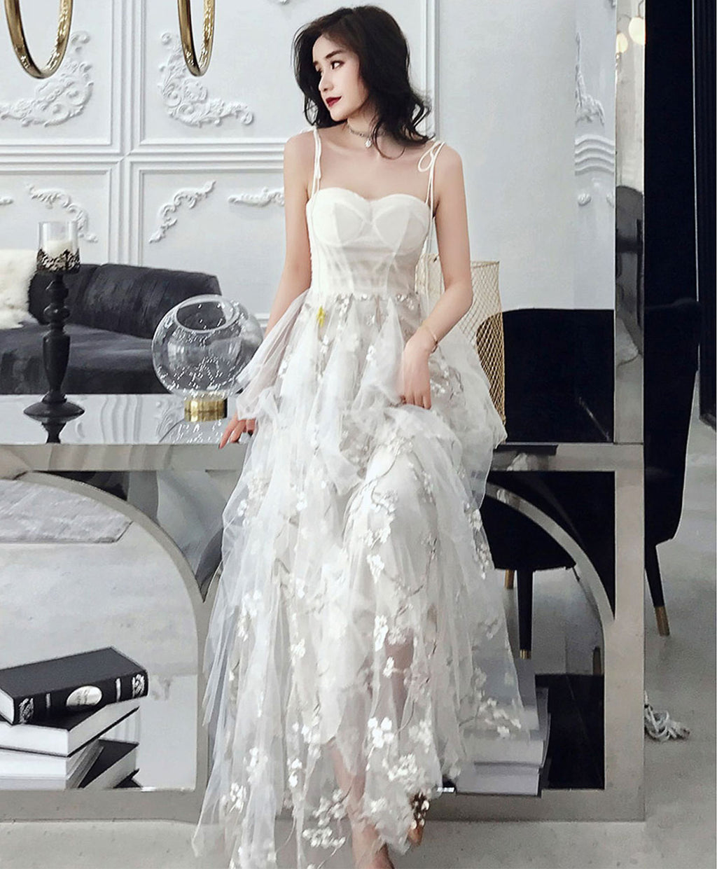 White Tulle Lace Long Prom Dress, White A-Line Lace Graduation Dresses – shopluu