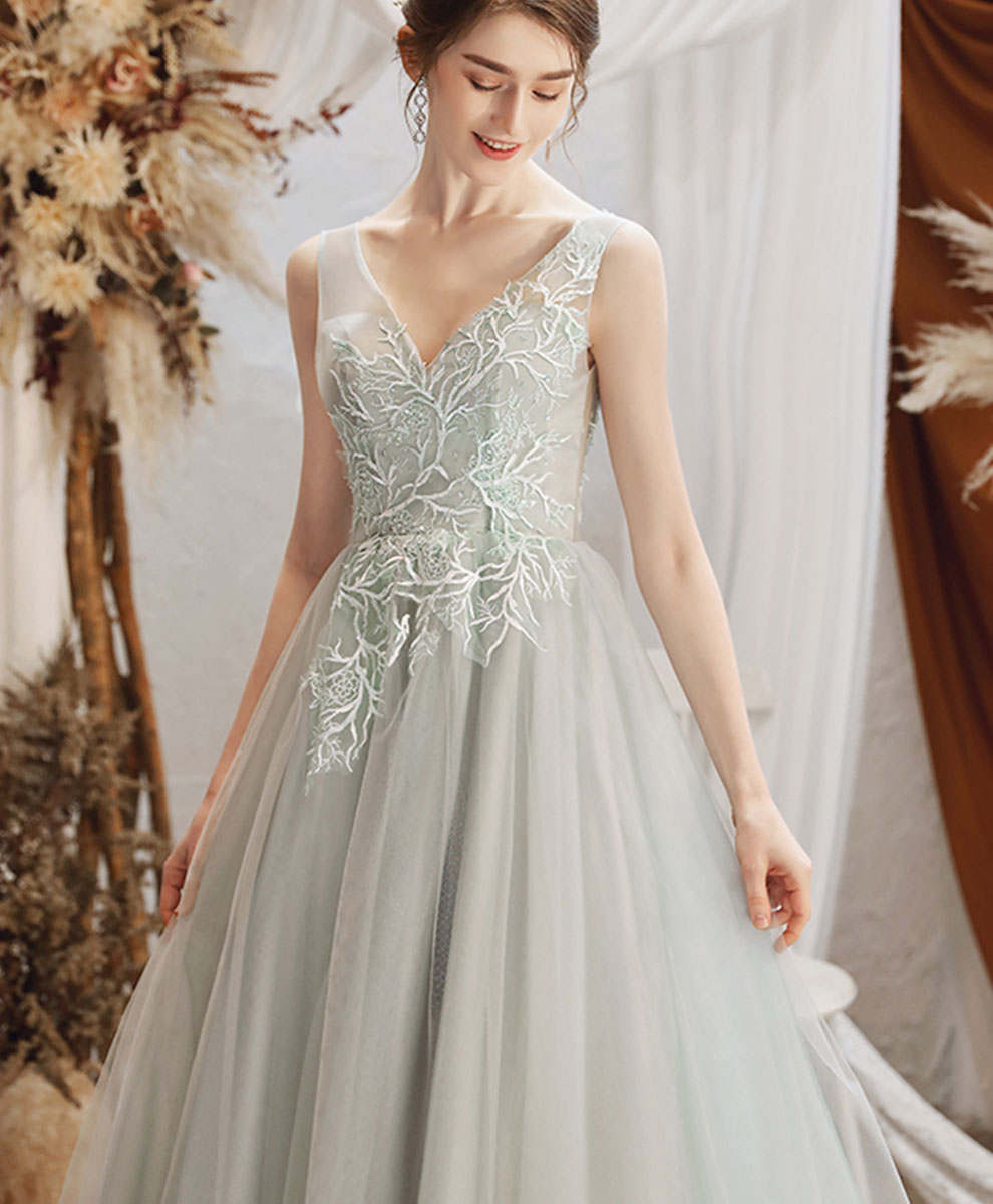 Gray Tulle Lace Long Prom Dress Gray Tulle Formal Dress
