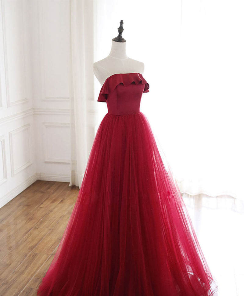 Burgundy Tulle Long Prom Dress, A line Burgundy Formal Party Dress ...