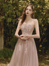 Pink Tulle Lace Tea Length Prom Dress, Lace Evening Dress