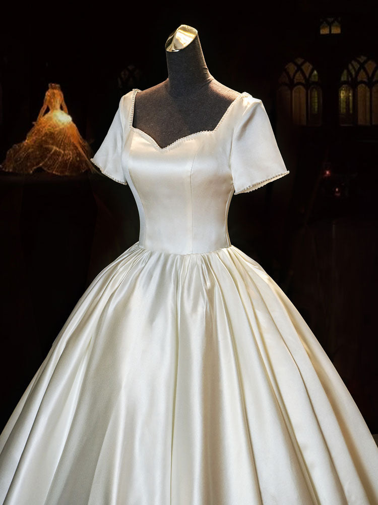 White Sweetheart Satin Long Bridal Dress White Wedding Dress