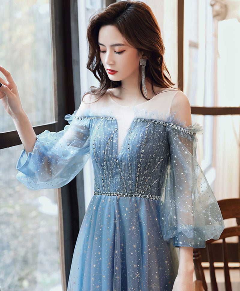 Blue Round Neck Tulle Sequin Long Prom Dress Tulle Evening Dress – shopluu