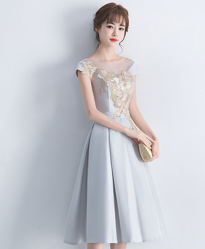 Gray Satin Lace Short Prom Dress, Gray Bridesmaid Dress – shopluu