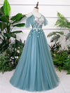 Green V Neck Tulle Lace Long Prom Dress Lace Evening Dress