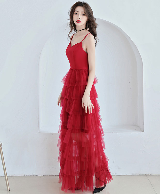Simple Red Tulle Long Prom Dress, Red Tulle Evening Dress