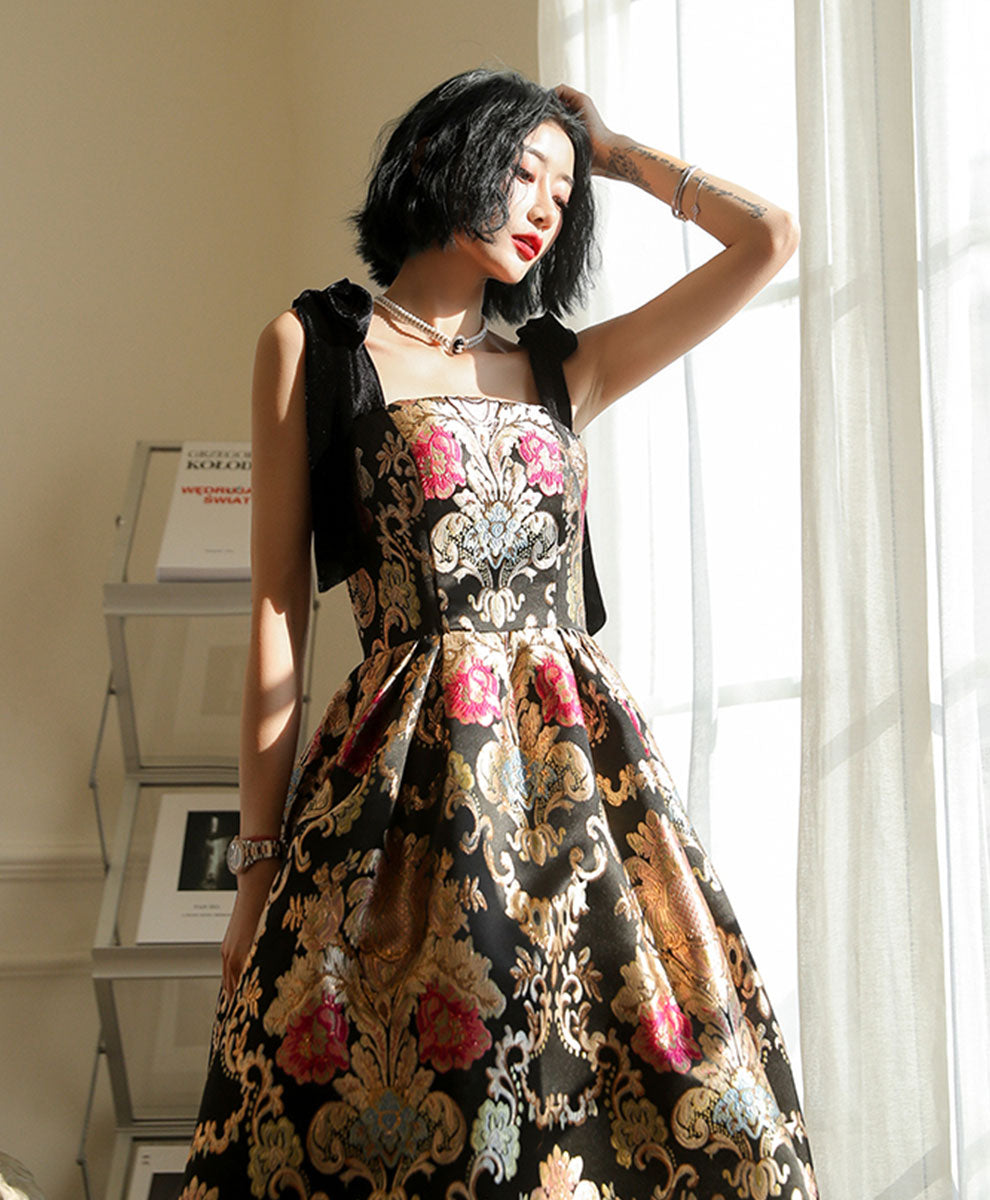 A-Line Satin Long Prom Dress, Flowers Satin Long Evening Dress