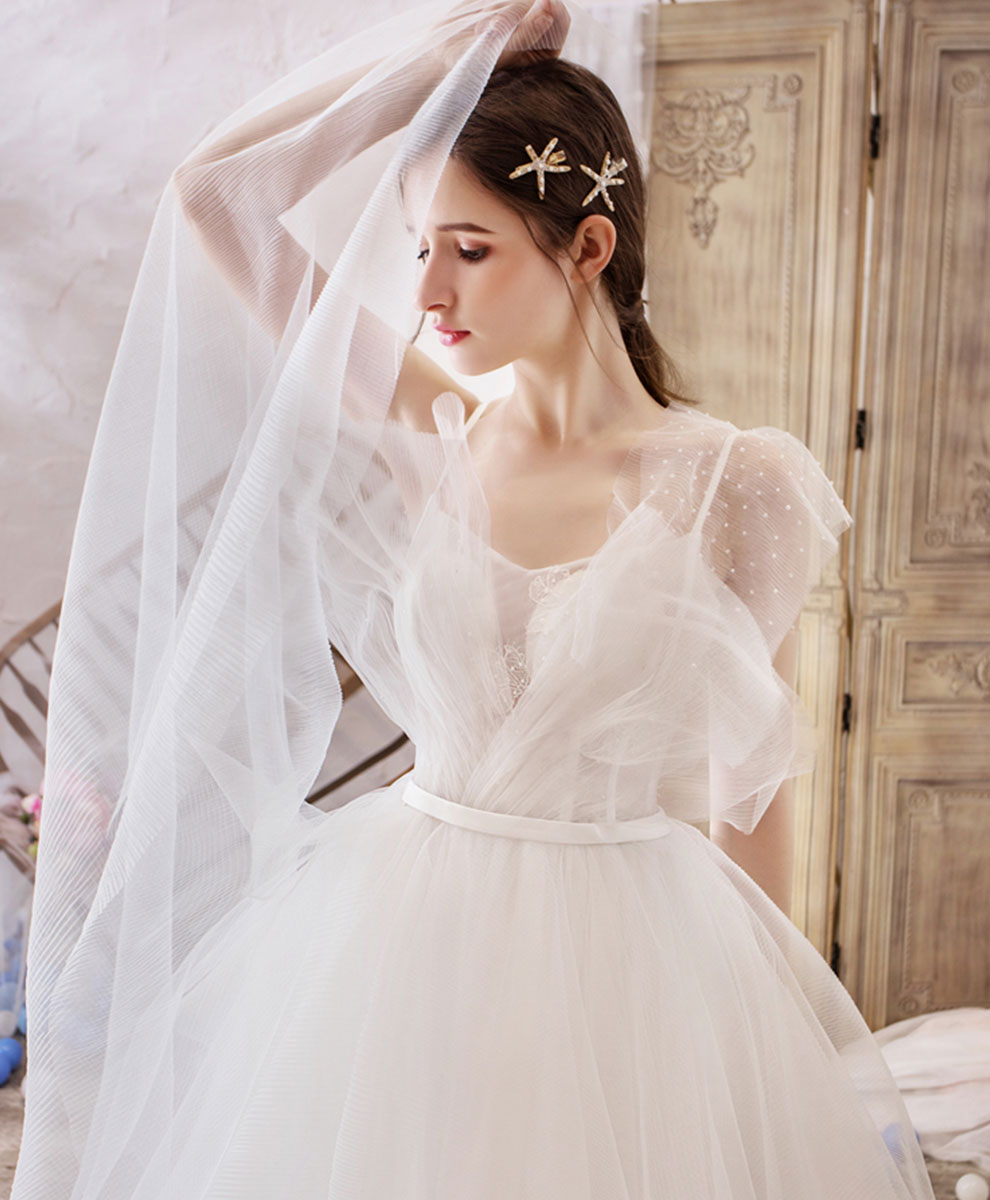 White V Neck Tulle Lace Long Wedding Dress Lace Bridal Dress