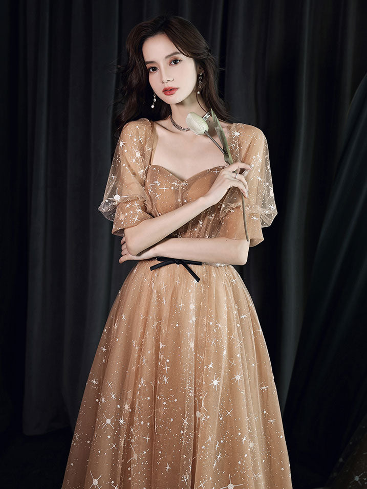 Champagne Sweetheart Tulle Lace Long Prom Dress Lace Evening Dress