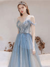 Blue Tulle Off Shoulder Beads Long Prom Dress, Blue Tulle Formal Dress